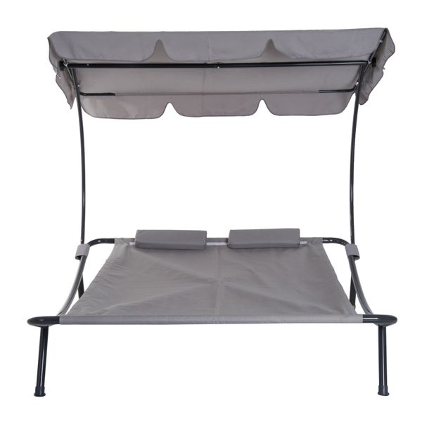 Double Sun Lounger Chaise Hammock Day Bed w Canopy Shade, Pillow, Outdoor Patio Pool Deck, Grey