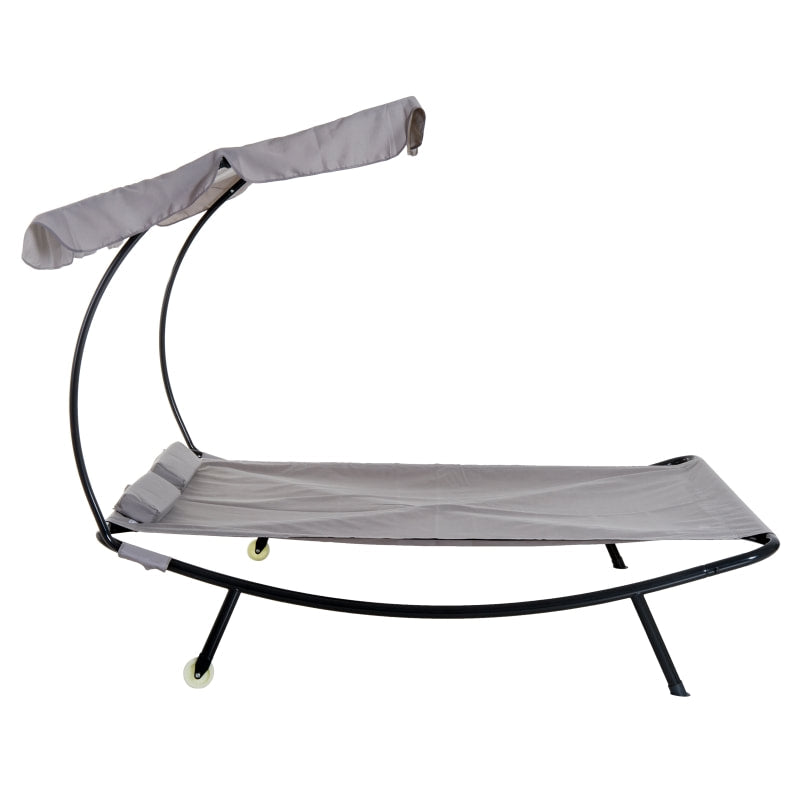 Double Sun Lounger Chaise Hammock Day Bed w Canopy Shade, Pillow, Outdoor Patio Pool Deck, Grey