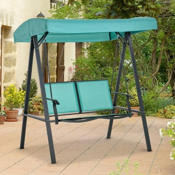 Outdoor 2-Seater Mesh Swing Lounger w/ Adjustable Canopy for Patio Deck Garden, Teal Blue Green