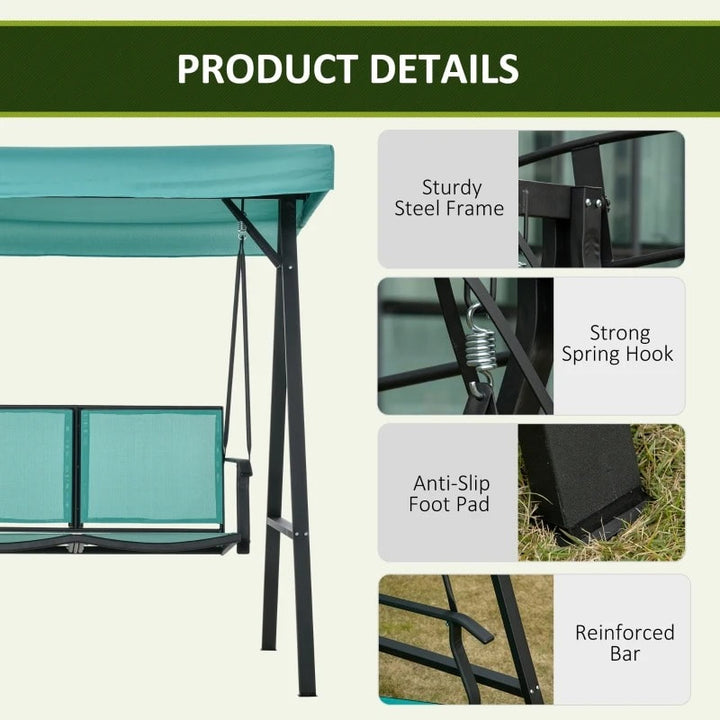Outdoor 2-Seater Mesh Swing Lounger w/ Adjustable Canopy for Patio Deck Garden, Teal Blue Green