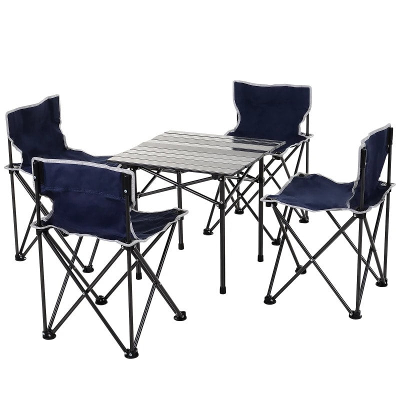 20.5" Portable Aluminum Picnic Camp Table Set w 4 Folding Chairs, Bag, Outdoor Dining BBQ, Blue