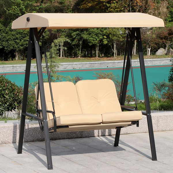 Outdoor 2-Seater Porch Swing Lounger w Canopy, Thick Cushions, Patio Deck Balcony Garden, Beige