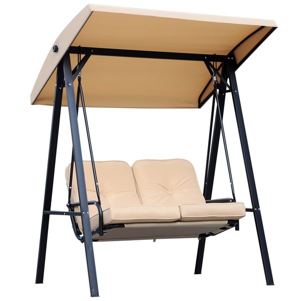 Outdoor 2-Seater Porch Swing Lounger w Canopy, Thick Cushions, Patio Deck Balcony Garden, Beige