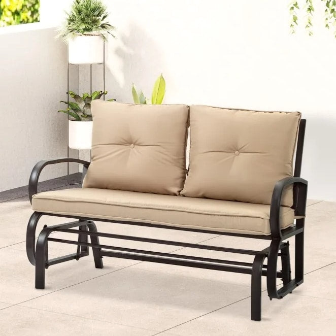 2-Person Steel Loveseat Glider Bench Chair Rocker w Cushions for Deck Patio, Brown, Khaki Beige