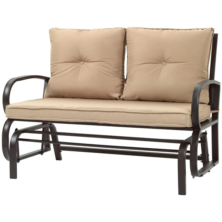 2-Person Steel Loveseat Glider Bench Chair Rocker w Cushions for Deck Patio, Brown, Khaki Beige