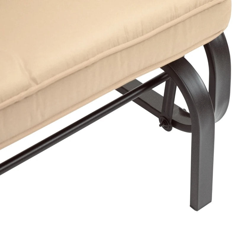 2-Person Steel Loveseat Glider Bench Chair Rocker w Cushions for Deck Patio, Brown, Khaki Beige