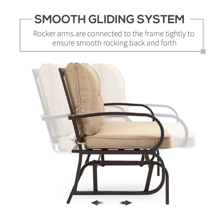 2-Person Steel Loveseat Glider Bench Chair Rocker w Cushions for Deck Patio, Brown, Khaki Beige