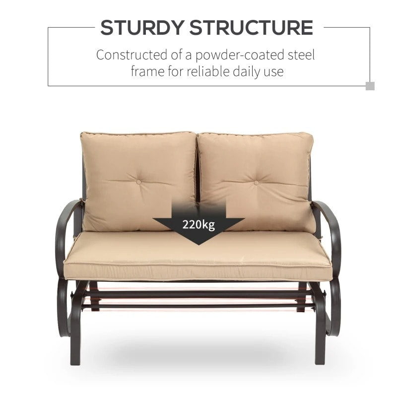 2-Person Steel Loveseat Glider Bench Chair Rocker w Cushions for Deck Patio, Brown, Khaki Beige