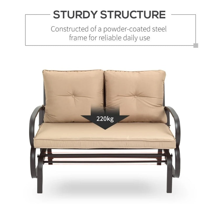2-Person Steel Loveseat Glider Bench Chair Rocker w Cushions for Deck Patio, Brown, Khaki Beige
