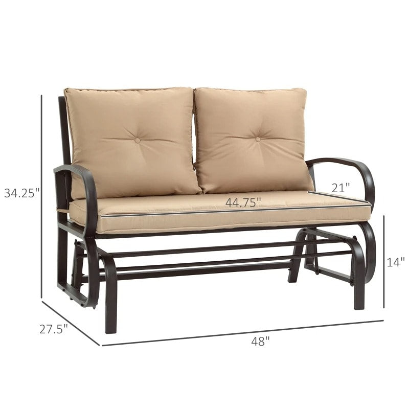 2-Person Steel Loveseat Glider Bench Chair Rocker w Cushions for Deck Patio, Brown, Khaki Beige