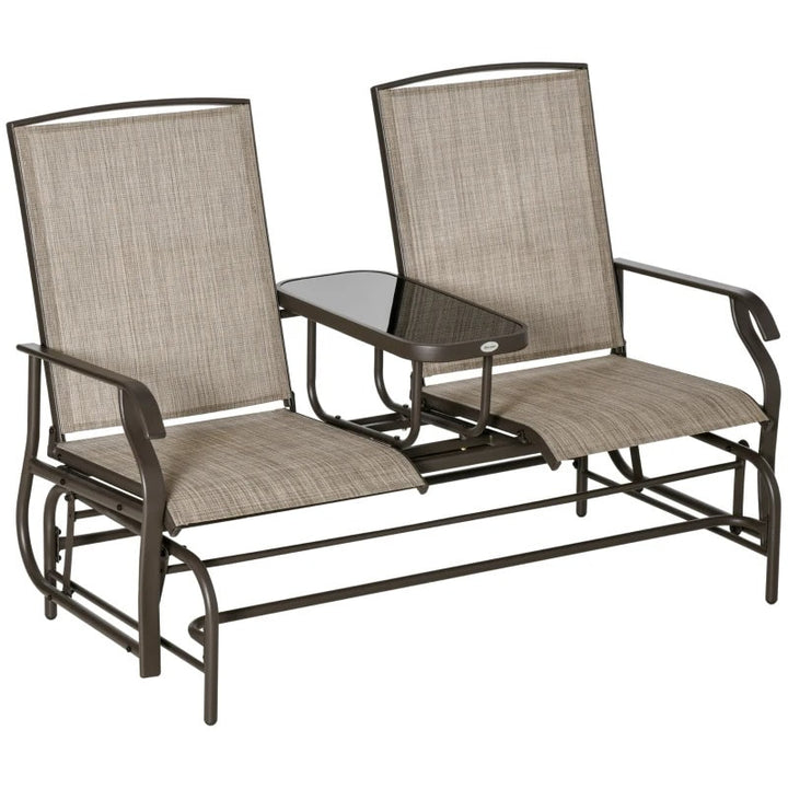 2-Person Steel Glider Bench Chair Rocker w Table, Texteline for Patio Deck Garden, Brown, Beige