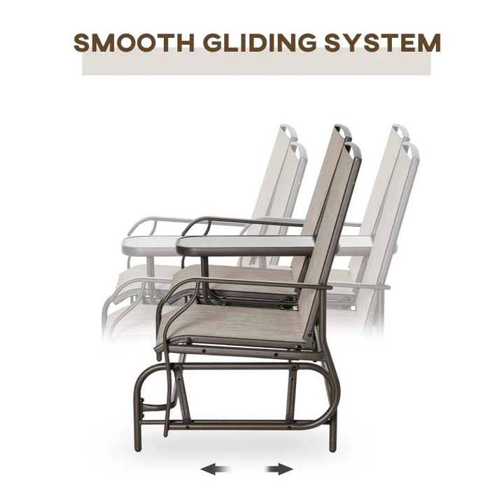 2-Person Steel Glider Bench Chair Rocker w Table, Texteline for Patio Deck Garden, Brown, Beige