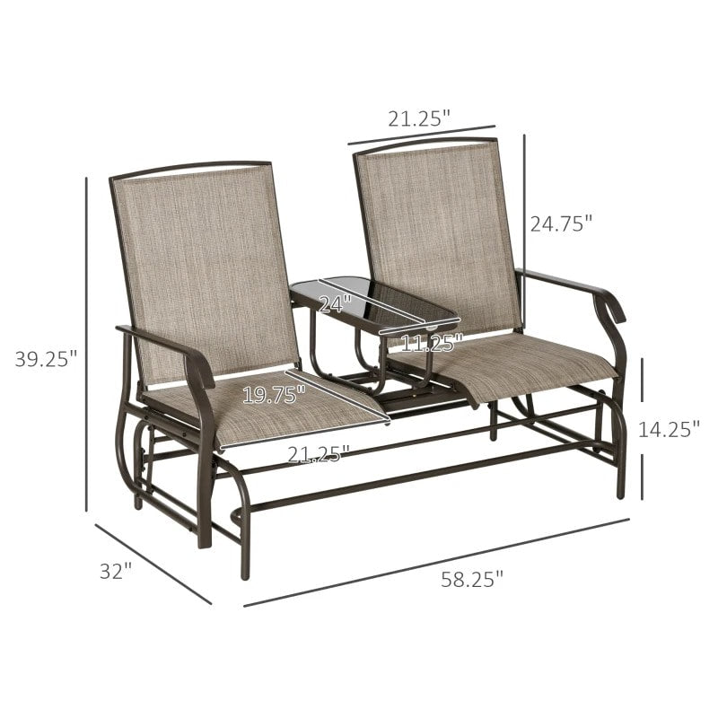2-Person Steel Glider Bench Chair Rocker w Table, Texteline for Patio Deck Garden, Brown, Beige