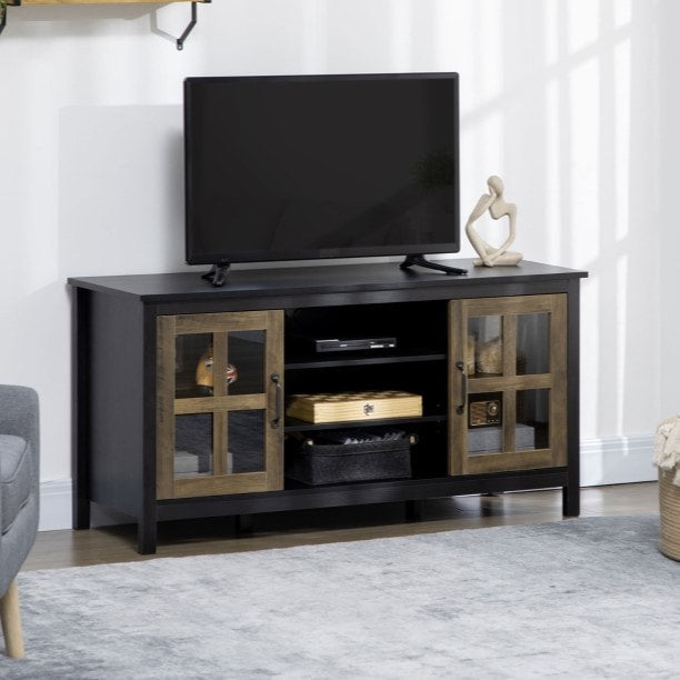 Modern Media Console TV Cabinet Stand Entertainment Unit w Shelves, Black w Wood Grain Doors