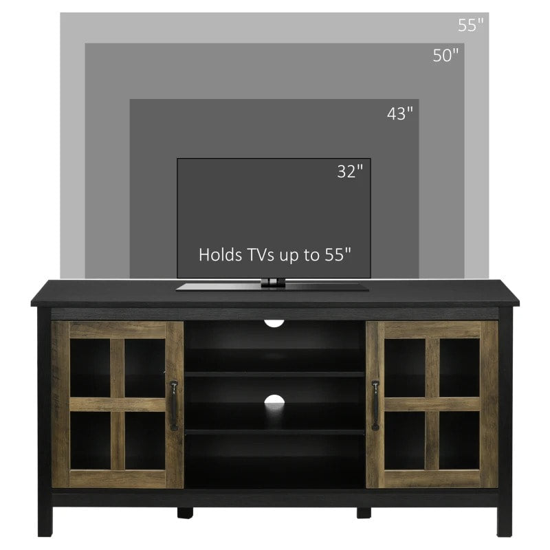 Modern Media Console TV Cabinet Stand Entertainment Unit w Shelves, Black w Wood Grain Doors