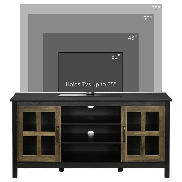 Modern Media Console TV Cabinet Stand Entertainment Unit w Shelves, Black w Wood Grain Doors