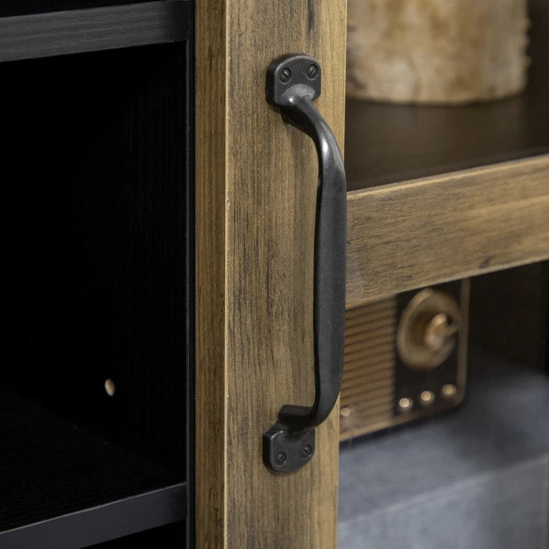 Modern Media Console TV Cabinet Stand Entertainment Unit w Shelves, Black w Wood Grain Doors