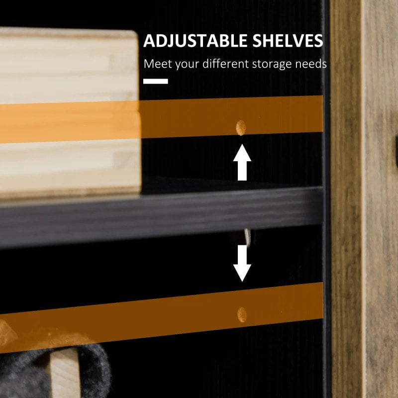 Modern Media Console TV Cabinet Stand Entertainment Unit w Shelves, Black w Wood Grain Doors