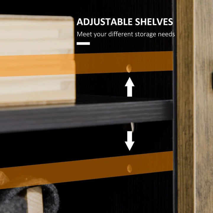 Modern Media Console TV Cabinet Stand Entertainment Unit w Shelves, Black w Wood Grain Doors