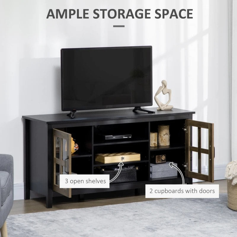 Modern Media Console TV Cabinet Stand Entertainment Unit w Shelves, Black w Wood Grain Doors