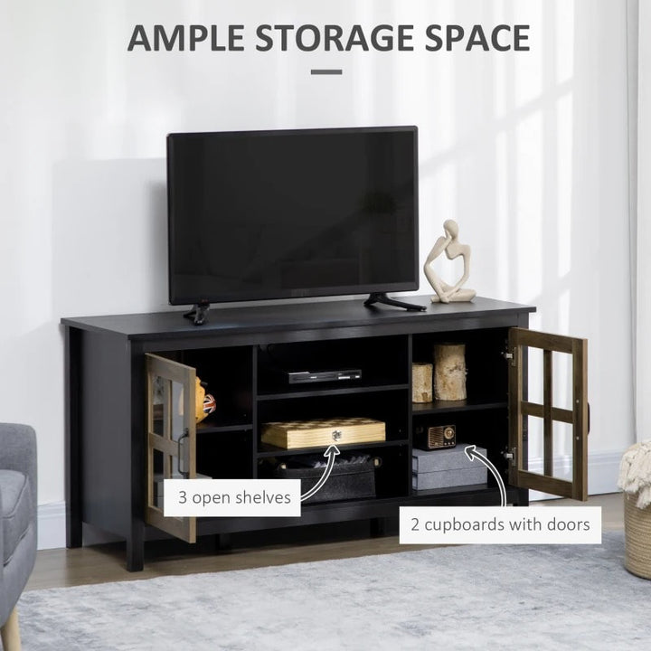 Modern Media Console TV Cabinet Stand Entertainment Unit w Shelves, Black w Wood Grain Doors