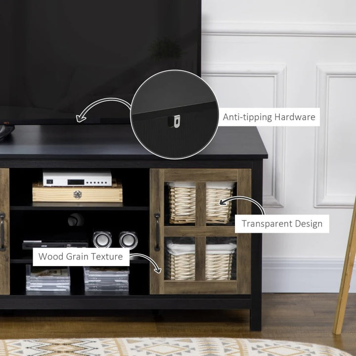 Modern Media Console TV Cabinet Stand Entertainment Unit w Shelves, Black w Wood Grain Doors