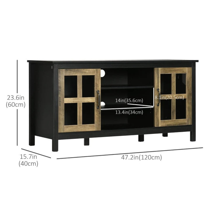 Modern Media Console TV Cabinet Stand Entertainment Unit w Shelves, Black w Wood Grain Doors
