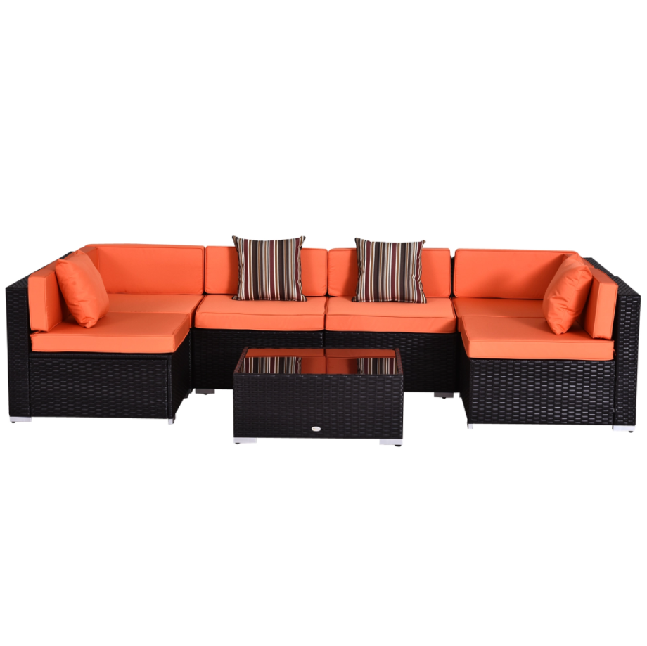 7pc PE Rattan Wicker Sectional Conversation Furniture Set w/ Cushions Deck Patio, Brown, Orange