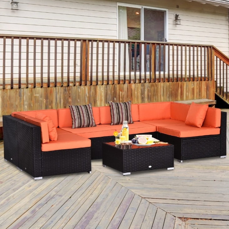 7pc PE Rattan Wicker Sectional Conversation Furniture Set w/ Cushions Deck Patio, Brown, Orange