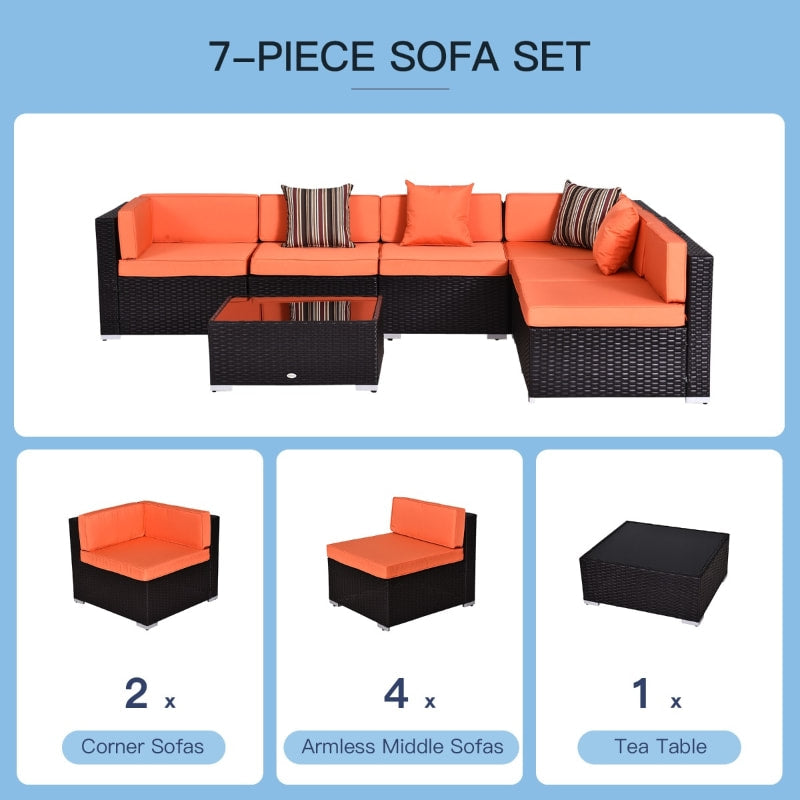 7pc PE Rattan Wicker Sectional Conversation Furniture Set w/ Cushions Deck Patio, Brown, Orange