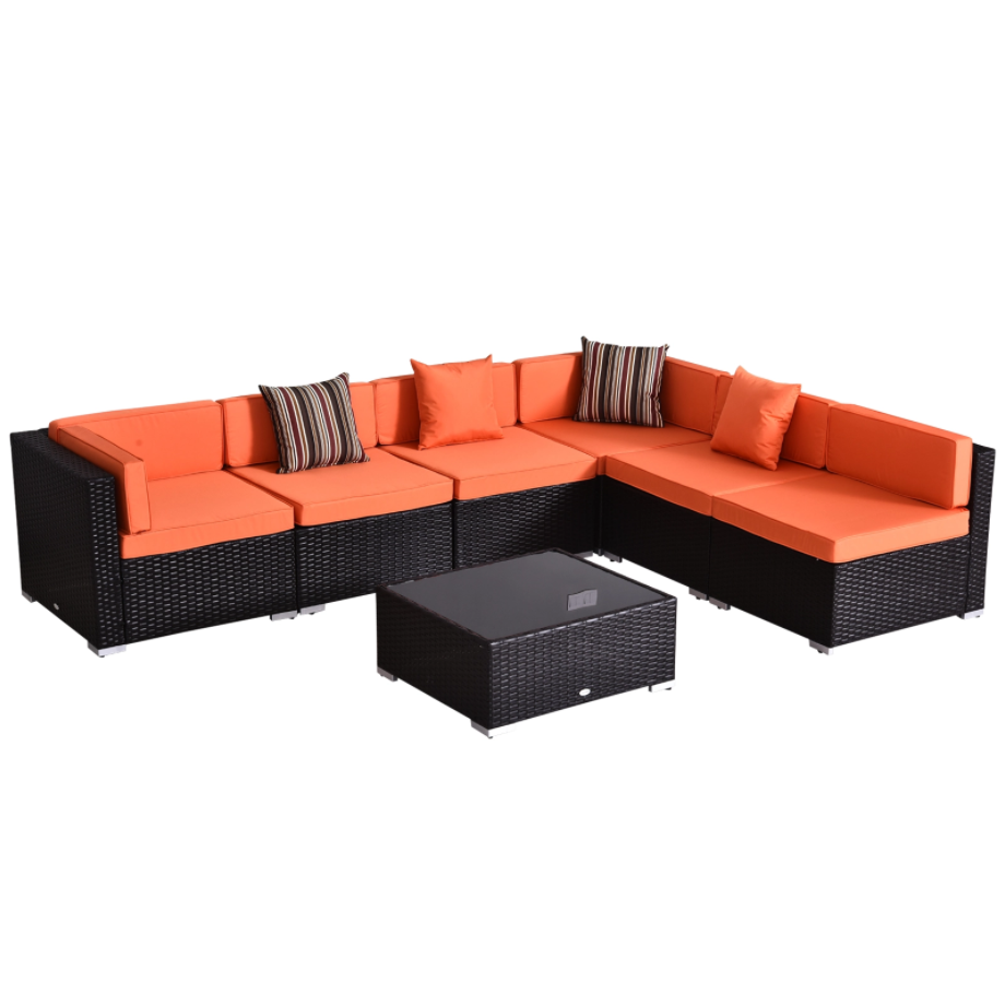 7pc PE Rattan Wicker Sectional Conversation Furniture Set w/ Cushions Deck Patio, Brown, Orange
