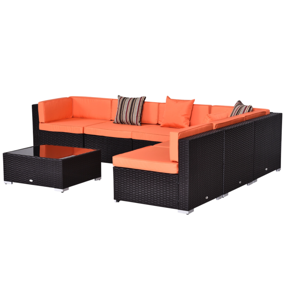 7pc PE Rattan Wicker Sectional Conversation Furniture Set w/ Cushions Deck Patio, Brown, Orange