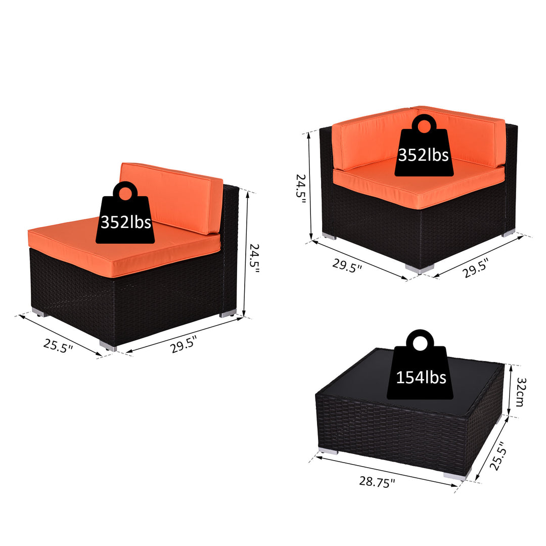 7pc PE Rattan Wicker Sectional Conversation Furniture Set w/ Cushions Deck Patio, Brown, Orange