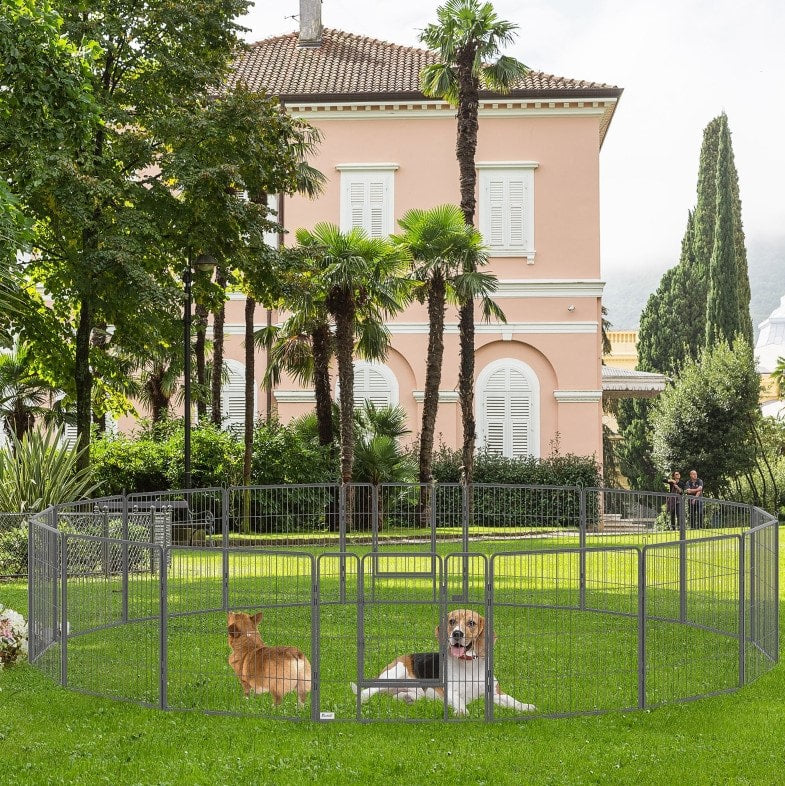 16-Panel 31.5” Pet Play Pen Exercise Fence Enclosure w 2 Doors for Small to Medium Dog, Grey