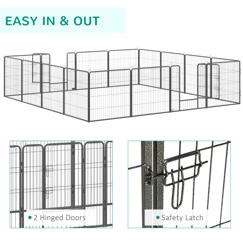 16-Panel 31.5” Pet Play Pen Exercise Fence Enclosure w 2 Doors for Small to Medium Dog, Grey