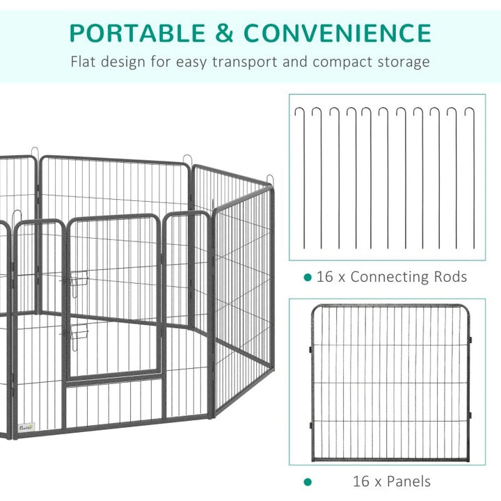 16-Panel 31.5” Pet Play Pen Exercise Fence Enclosure w 2 Doors for Small to Medium Dog, Grey
