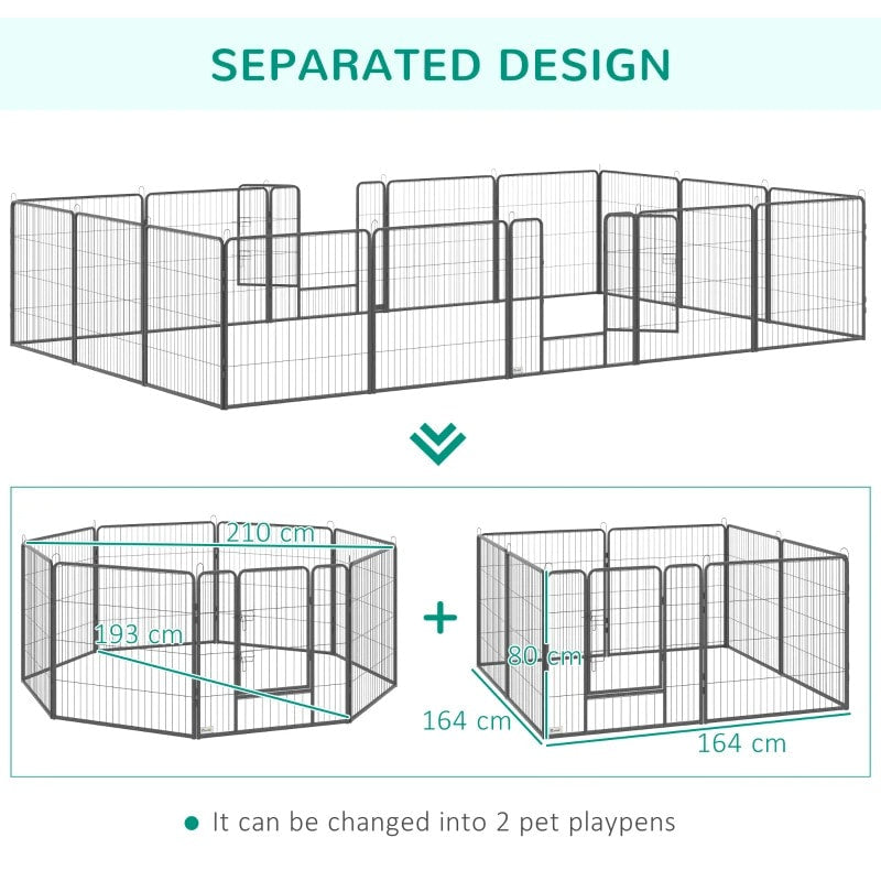 16-Panel 31.5” Pet Play Pen Exercise Fence Enclosure w 2 Doors for Small to Medium Dog, Grey
