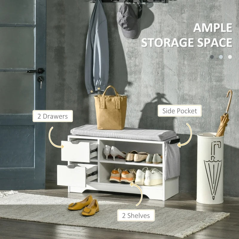 Modern Shoe Rack Entry Hall Bench Seat w Padded Cushion, Drawer Storage & Pocket - White, Grey