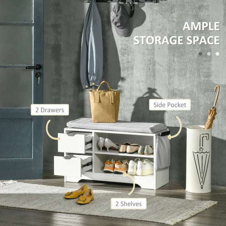 Modern Shoe Rack Entry Hall Bench Seat w Padded Cushion, Drawer Storage & Pocket - White, Grey