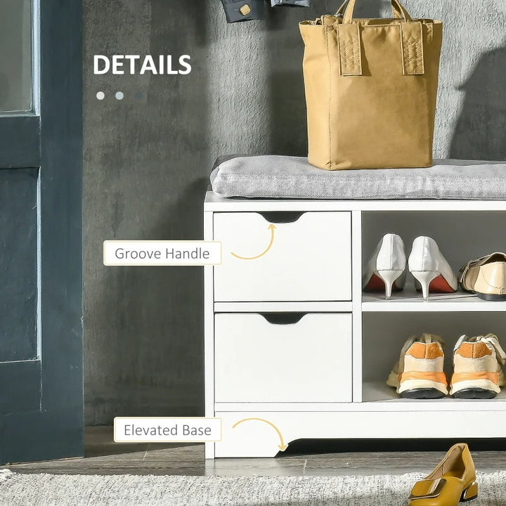Modern Shoe Rack Entry Hall Bench Seat w Padded Cushion, Drawer Storage & Pocket - White, Grey