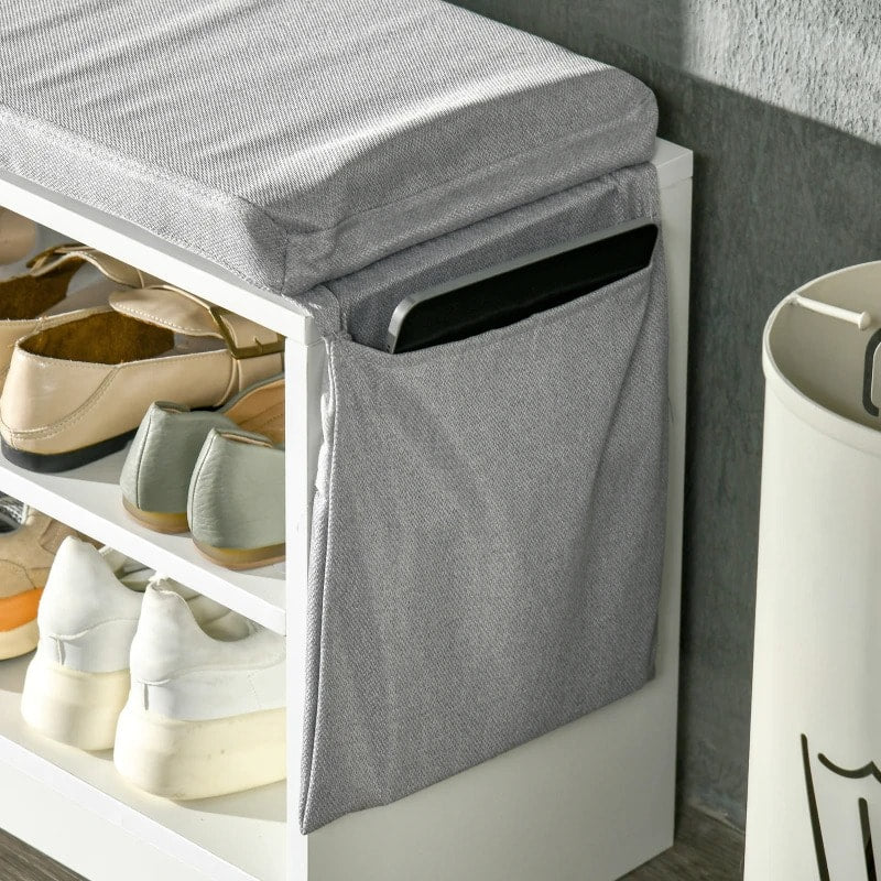 Modern Shoe Rack Entry Hall Bench Seat w Padded Cushion, Drawer Storage & Pocket - White, Grey