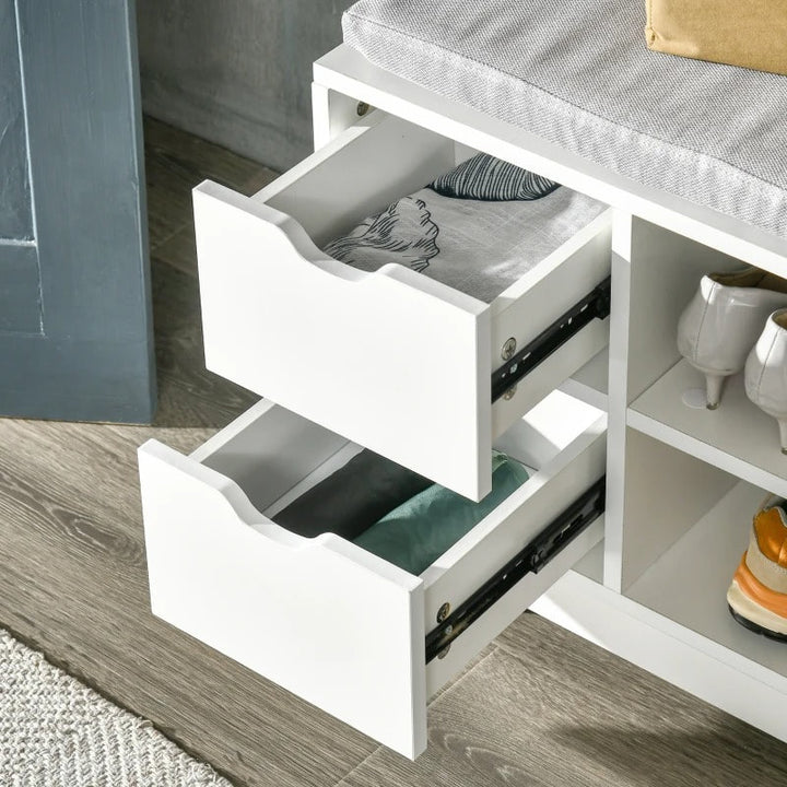 Modern Shoe Rack Entry Hall Bench Seat w Padded Cushion, Drawer Storage & Pocket - White, Grey