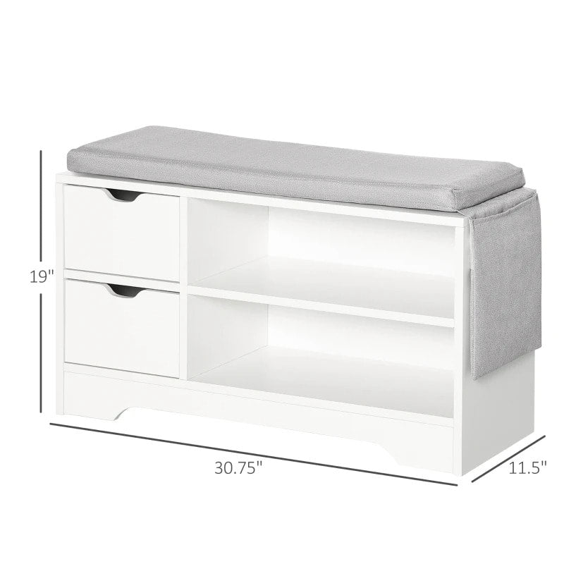 Modern Shoe Rack Entry Hall Bench Seat w Padded Cushion, Drawer Storage & Pocket - White, Grey