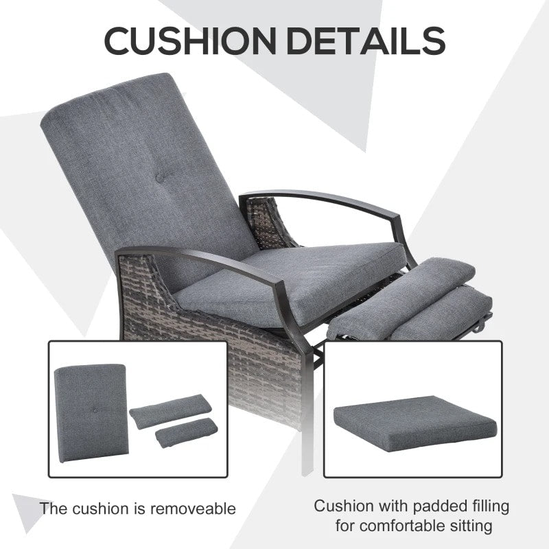 PE Rattan Wicker Reclining Lounger Chair w/ Cushions, Footrest for Outdoor Patio Deck, Grey