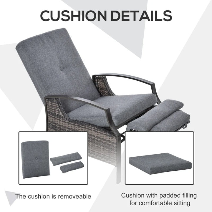 PE Rattan Wicker Reclining Lounger Chair w/ Cushions, Footrest for Outdoor Patio Deck, Grey
