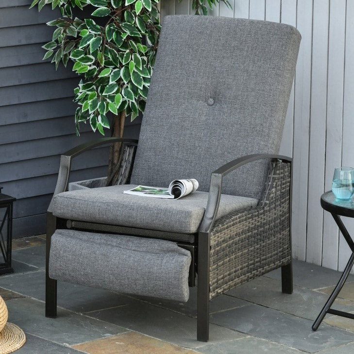 PE Rattan Wicker Reclining Lounger Chair w/ Cushions, Footrest for Outdoor Patio Deck, Grey