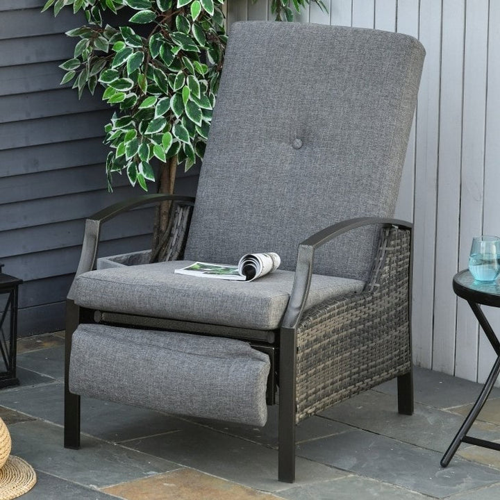 PE Rattan Wicker Reclining Lounger Chair w/ Cushions, Footrest for Outdoor Patio Deck, Grey