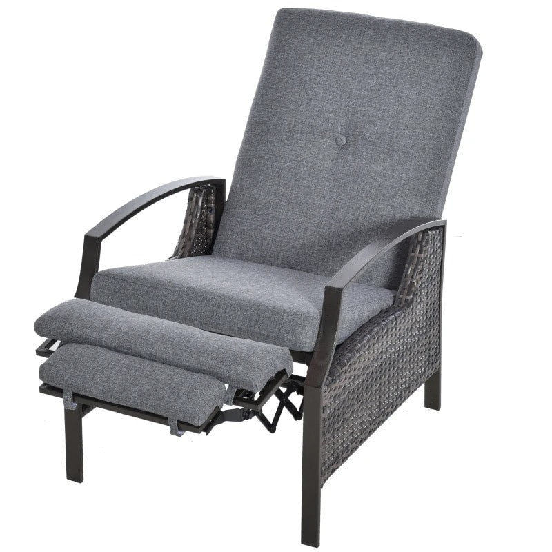 PE Rattan Wicker Reclining Lounger Chair w/ Cushions, Footrest for Outdoor Patio Deck, Grey