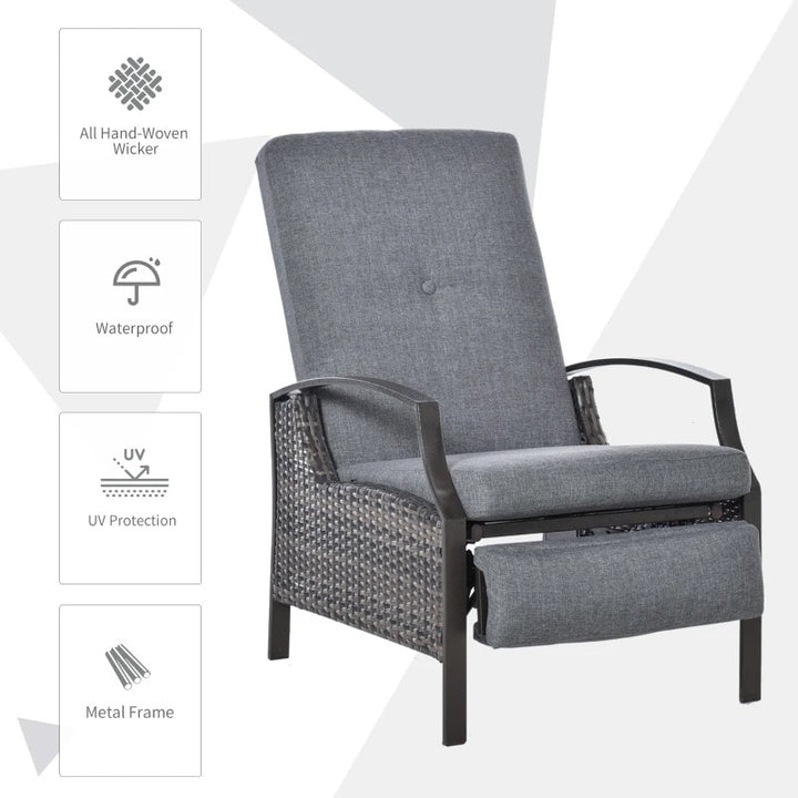 PE Rattan Wicker Reclining Lounger Chair w/ Cushions, Footrest for Outdoor Patio Deck, Grey