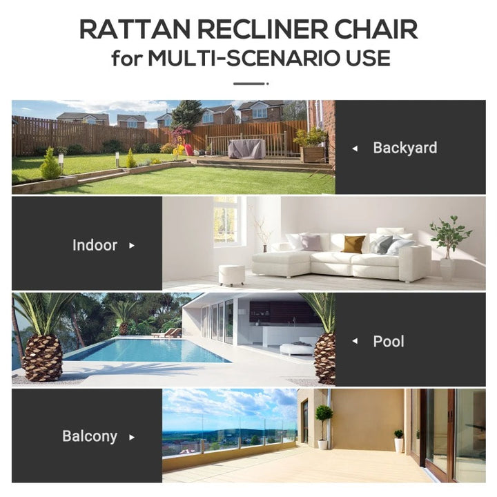 PE Rattan Wicker Reclining Lounger Chair w/ Cushions, Footrest for Outdoor Patio Deck, Grey